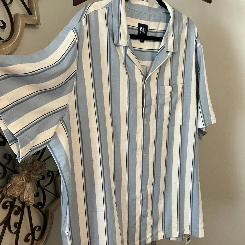 Gap Mens Size 2XL Blue Striped Nautical‎ Cabana Camp Button Shirt